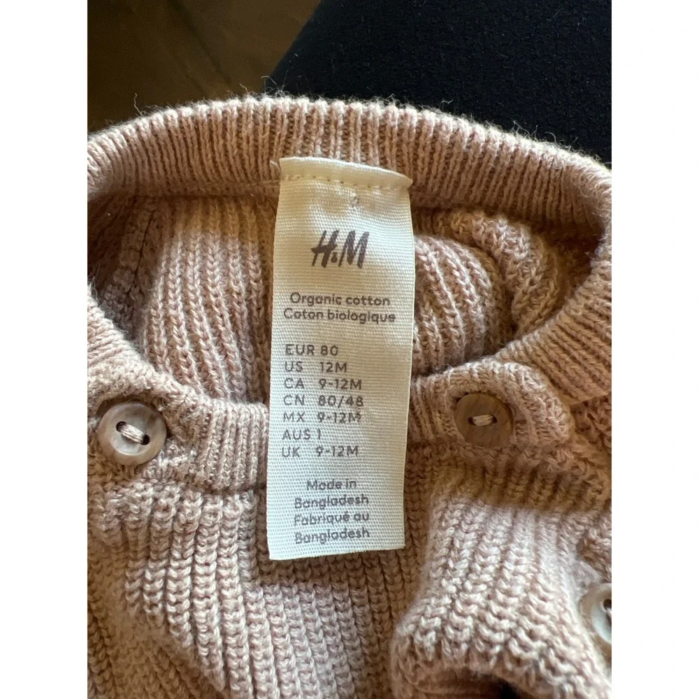 H&M Organic Cotton Knit Sweater Dusty Rose‎ Pink Button Shoulder 12M Baby Girls